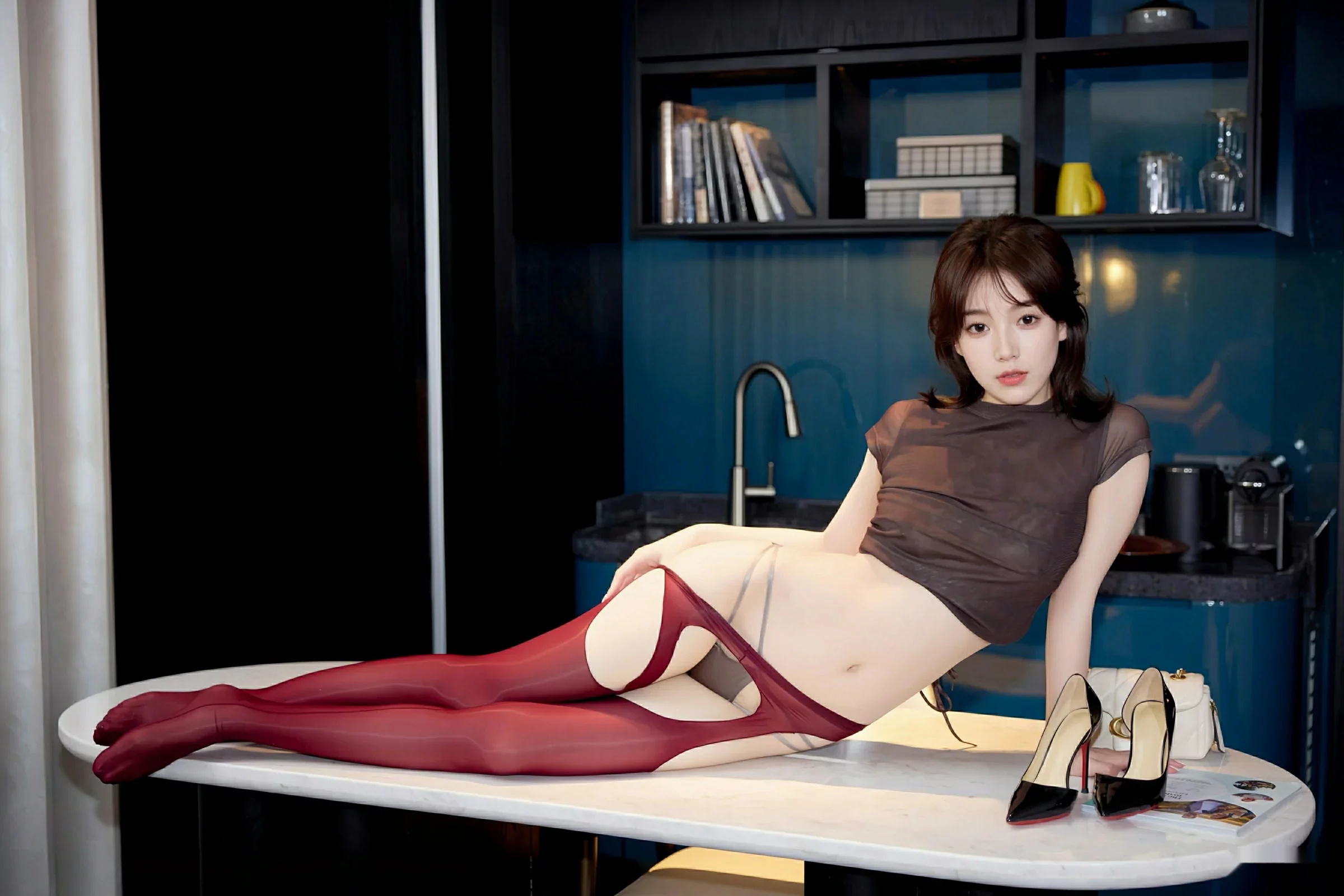 [[XiuRen秀人网]秀人网]No.10633_模特汁汁时尚穿搭性感黑色衬衫配红丝吊袜秀曼妙身姿诱惑写真57P