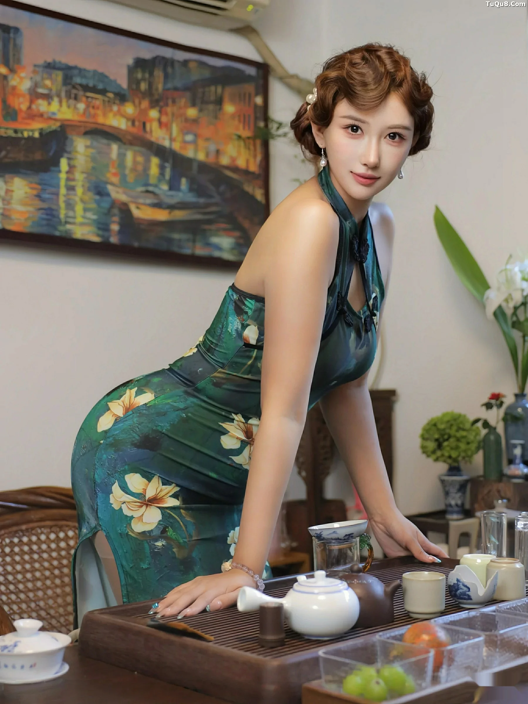 [[XiuRen秀人网]秀人网]No.10815_模特金允希Yuki性感绿色旗袍配超薄肉丝秀丰腴身材迷人诱惑写真78P