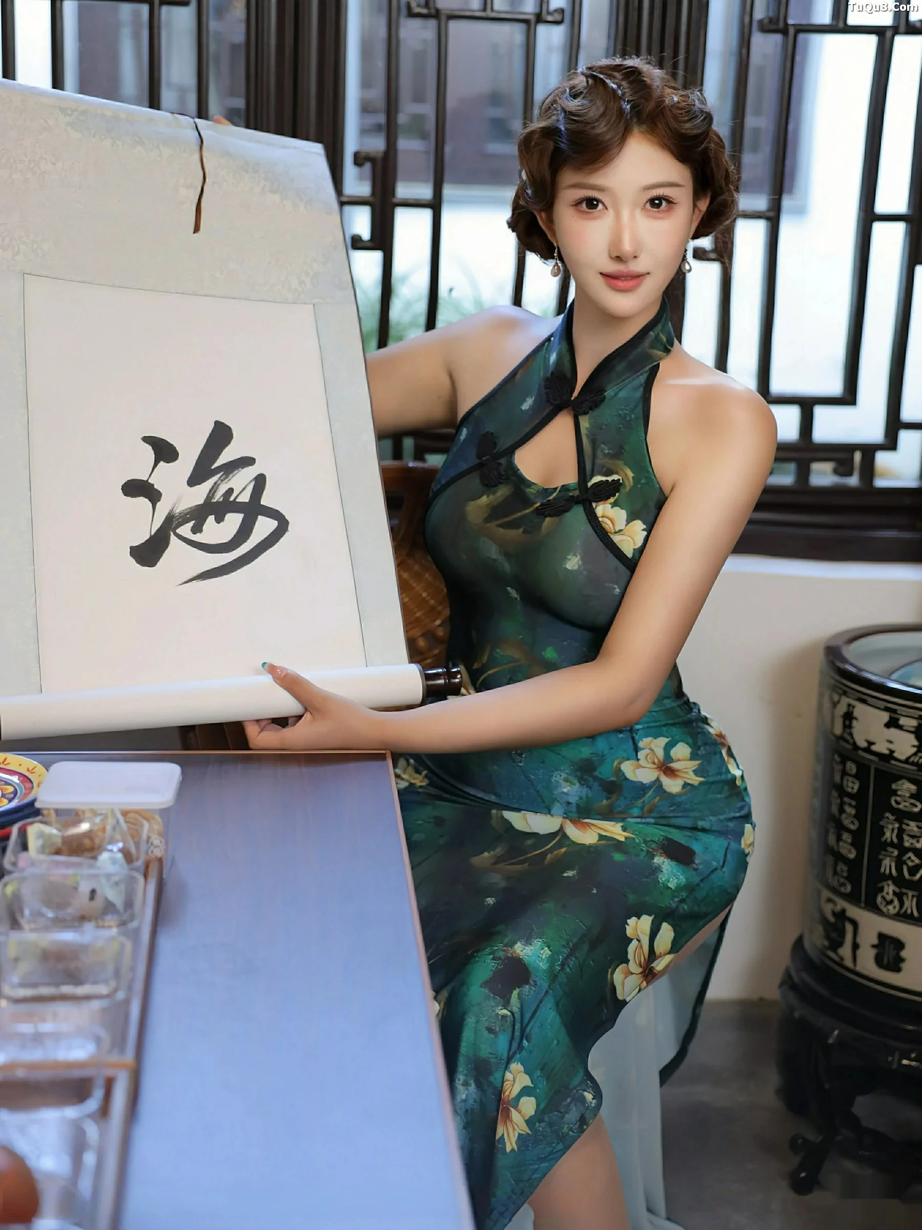 [[XiuRen秀人网]秀人网]No.10815_模特金允希Yuki性感绿色旗袍配超薄肉丝秀丰腴身材迷人诱惑写真78P