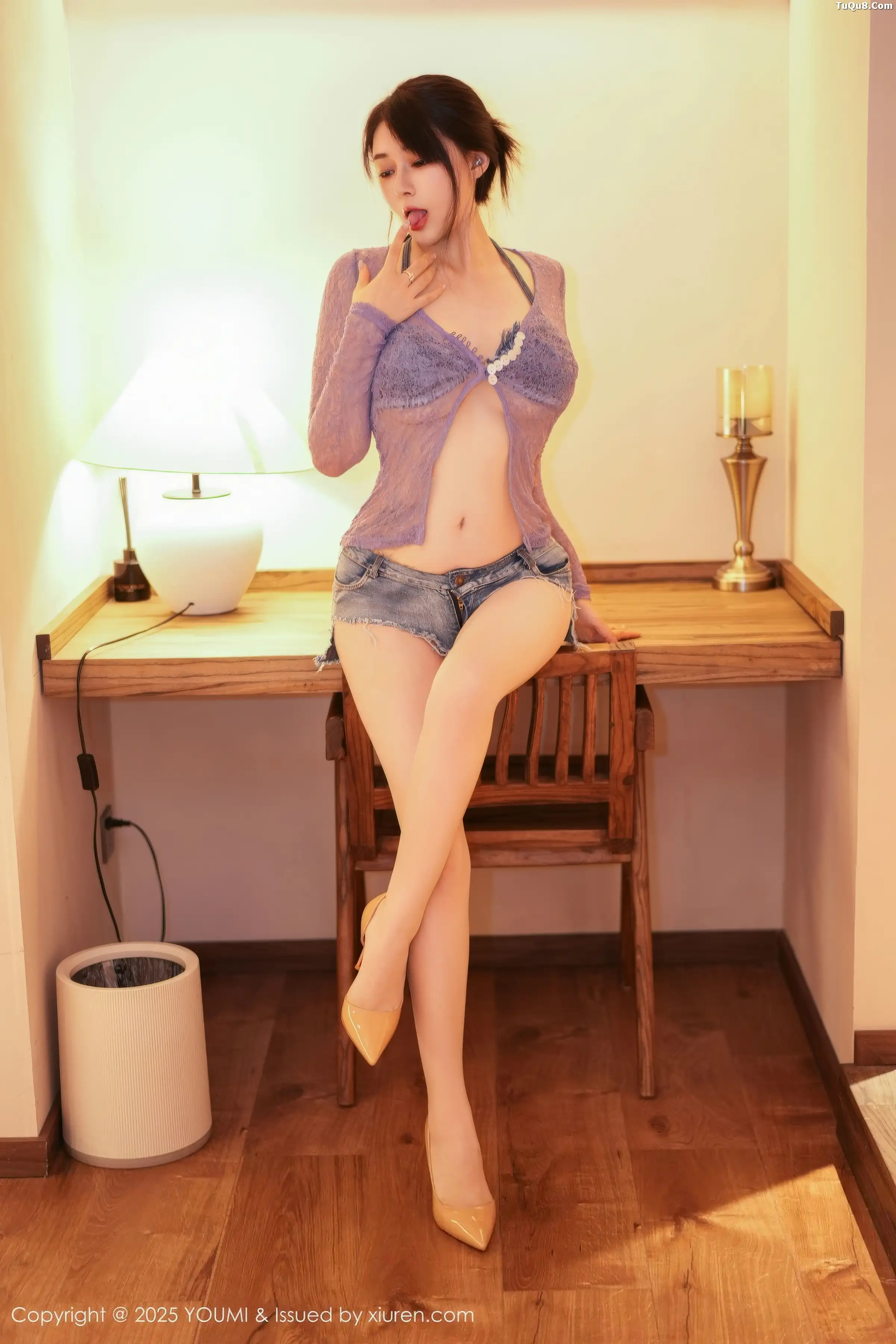 [YouMi尤蜜荟]Vol.1187_模特凯竹法师～性感蓝色内衣配牛仔短裤秀丰腴身材撩人诱惑写真52P